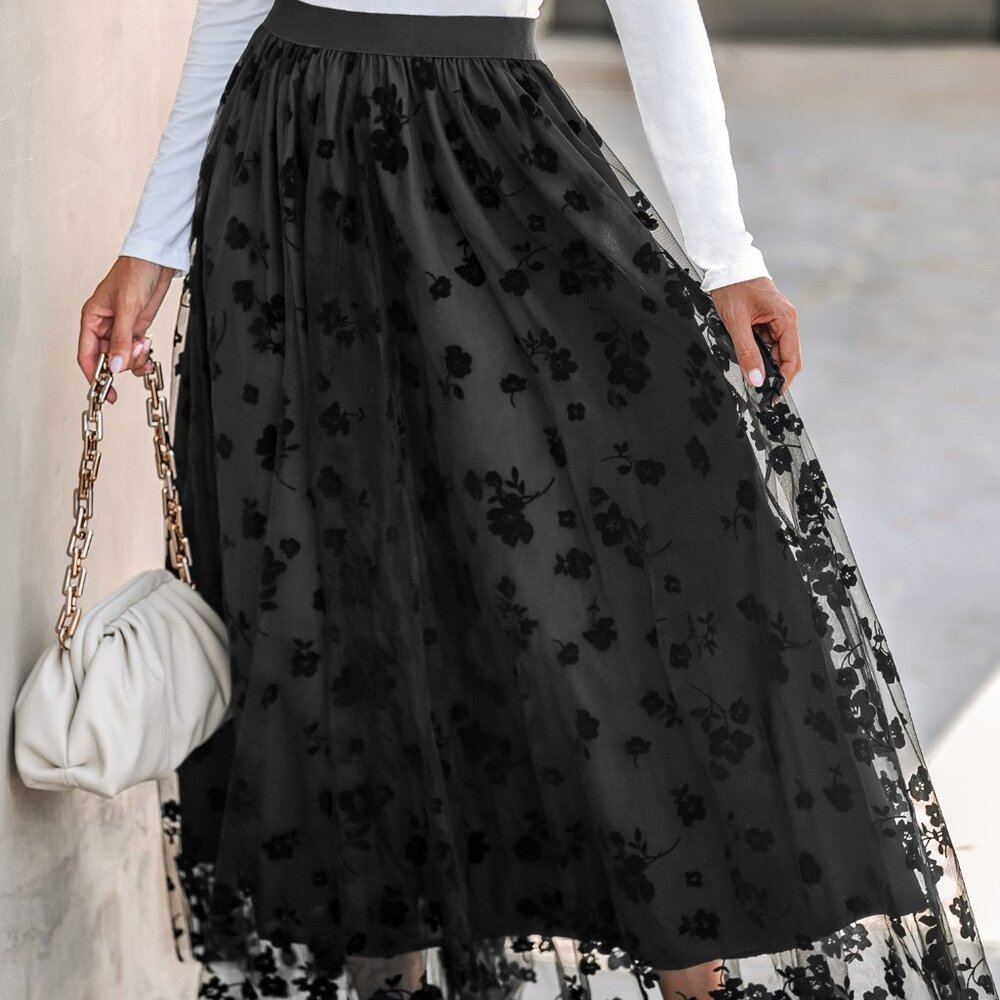 Cupshe Floral Embroidery Mesh High Waist Midi Skirt Sheer Overlay M NWT - Picture 3 of 4